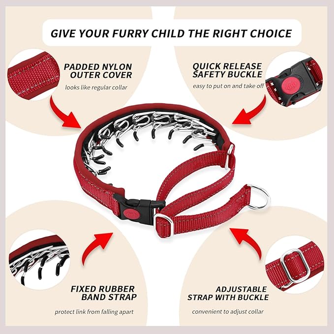 Martingale No Pull Dog Collar for Large Medium Small Dogs, Heavy Duty Nylon Reflective Adjustable Anti Pull Slip Collar with Buckle for Training Walking S Red