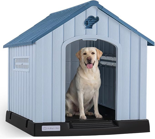LEMBERI Plastic Dog House for Medium Dogs, Durable Waterproof Indoor Outdoor Doghouse with Air Vents and Elevated Floor, Easy to Assemble (Light Blue, 33.5" L x 31.5" W x 33.9" H)