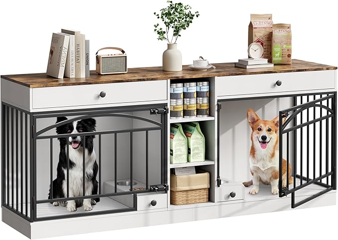 IDEALHOUSE 78.7" Double Dog Crate Furniture with Storage and 2 Doors, Dog Kennel Indoor with Feeding Bowls, Wood Dog Crate TV Stand for Small Medium Dogs, White