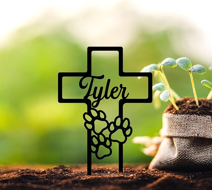 Grave Marker for Dogs Personalized, Pet Cross Stake for Outdoors, Memorial Metal Plaques, Pet Remembrance Gift, Pet Pawprints Sympathy Stakes, Pet Loss Gifts