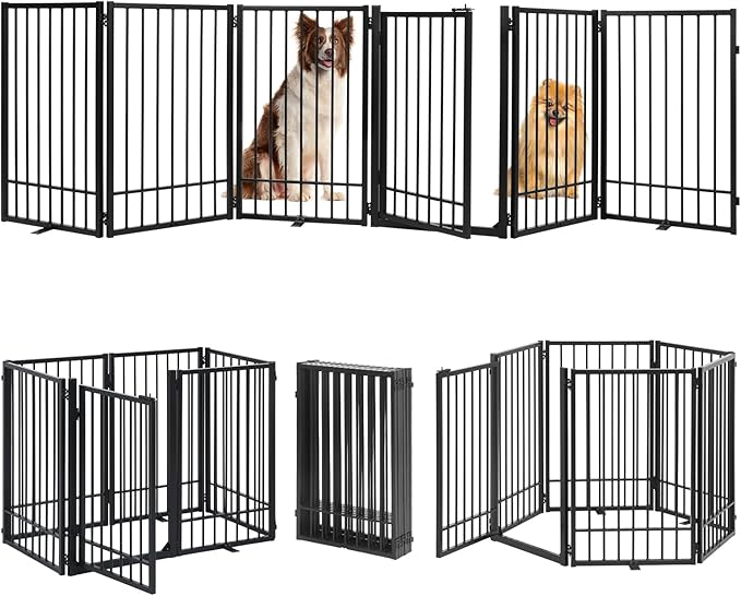 Metal Freestanding Dog Gate with Door, Extra Wide 121", 31" Height Foldable Dog Gates for Doorways, Tall Pet Fence Indoor Outdoor Pet Gates, 6 Panels Pet Barrier for Stairs Hallways, Black