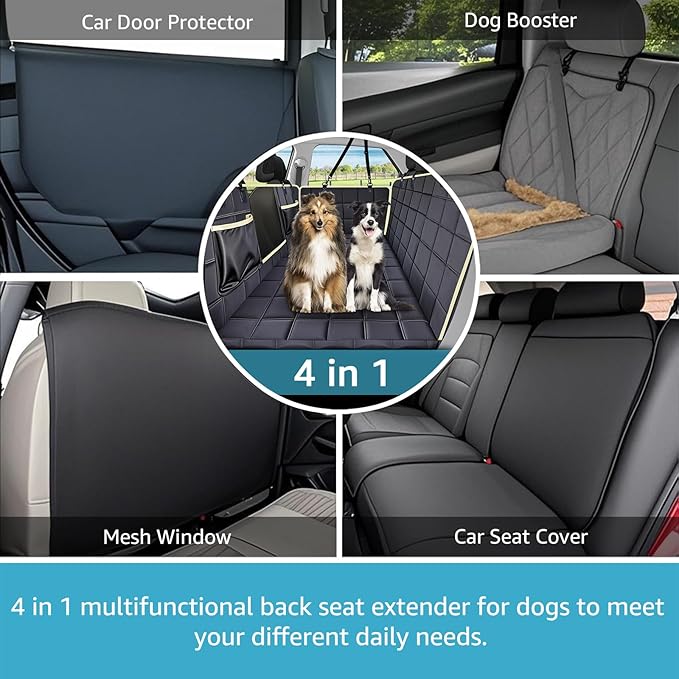 Lassie Back Seat Extender for Dogs Hard Bottom Waterproof Dog Hammock for Car, Heavy Duty Antislip Dog Car Seat Cover for Back Seat, Universal Pet Car Travel for Kids, Dogs (Deep Black, Standard)