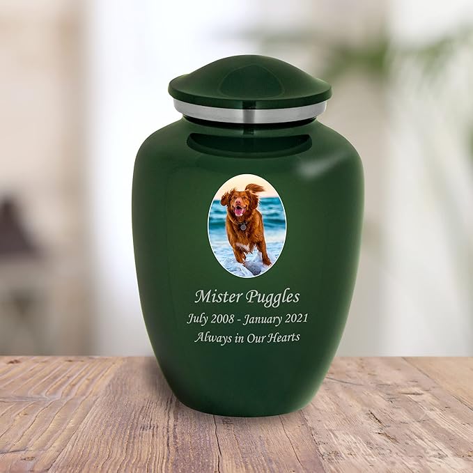 Homage Large Custom Photo Pet Cremation Urn for Pet Ashes - Vase Style Pet Urn - 200 Cubic Inch Capacity -Personalization Included (Emerald Green)