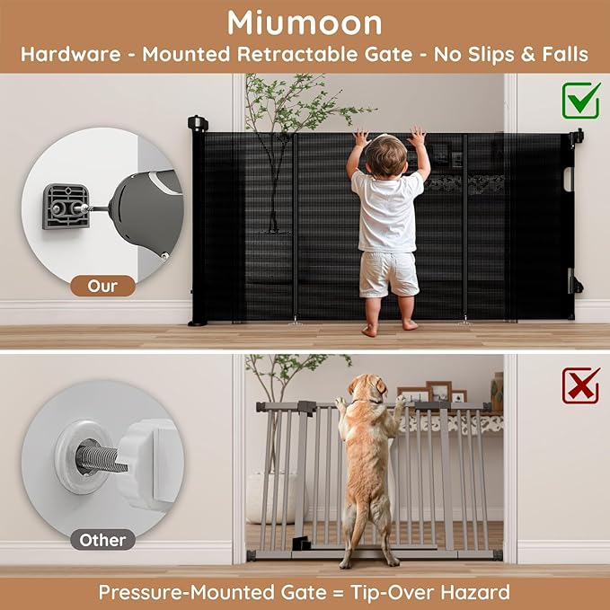 One-Hand Operation Retractable Baby Gates, 59 inch Retractable Gate with Reinforced Strip Design to Prevent Crawling Through, 5 FT Retractable Dog Gate for Stairs, Doorways, Hallways