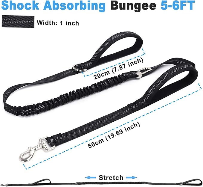 5FT Double Handle Tactical Dog Leash with Shock Absorption, Reflective Heavy Duty Bungee Dog Leash for Medium Large Dogs that Pull, Daily Walking Training, Black