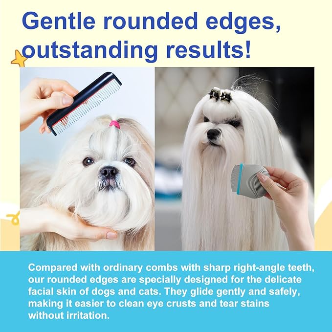 Pet Facial Grooming Comb for Dogs & Cats, Stainless Steel Deshedding Comb with Rounded Teeth, Multi-Fur Type Grooming Tool