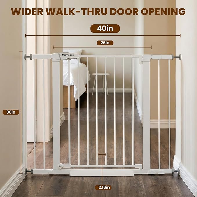 Baby Gate with Door, 26-40" Auto Close Dog Gate Indoor for Stairs Doorways, Easy Install Pressure Mounted Pet Gate, Easy Walk Through Child Safety Gate for The House, White