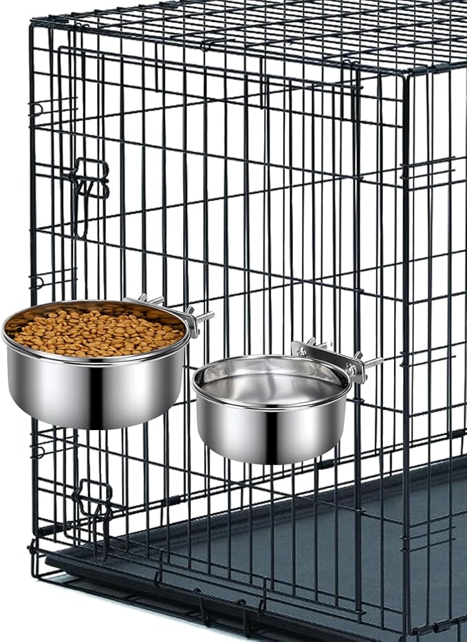 Crate Dog Bowls, Removable Stainless Steel Dog Bowl for Food and Water, Pet Kennel Hanging Food Water Feeder Station for Small/Medium/Large Pets, (7.1"x2.6" & 6.3"*2.4", Silver)