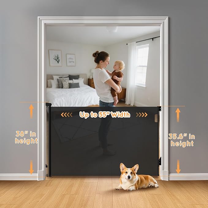 Retractable Baby Gate, 38" Extra Tall Mesh Baby Gate with Auto-Tension Design, 55" Wide One-Hand Operation Dog Gates for Doorways and Hallways, Safety Gate for Babies and Pets, Black