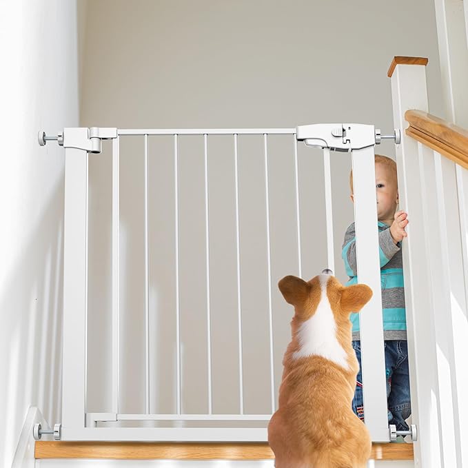 Easy Step Walk-Thru Baby Gate – Adjustable Safety Gate for Babies & Pets, Pressure Mount Kit, Includes Wall Cups – 29.7-40.5W x 30.5H, Auto-Close White