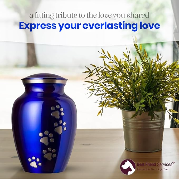 Ottillie Paws Legacy Series Pet Urn for Dogs and Cats, Handmade Aluminum Memorial Cremation Urn (Small - Pets up to 25 lbs, Pure Blue, Vertical Pewter Paws)