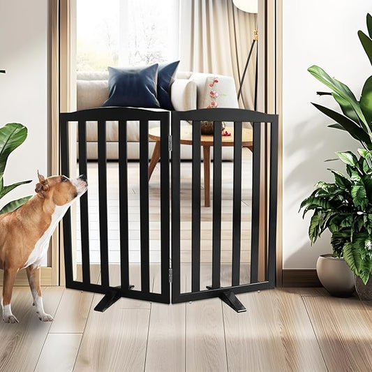 ZJSF Foldable Freestanding Indoor Dog Gate for House Wood Long Pet Gates Dog Fence for Stairs Puppy Gates for Hallways, Puppy Gate,Support Feet Included, Black, 32 "Height-2 Panels
