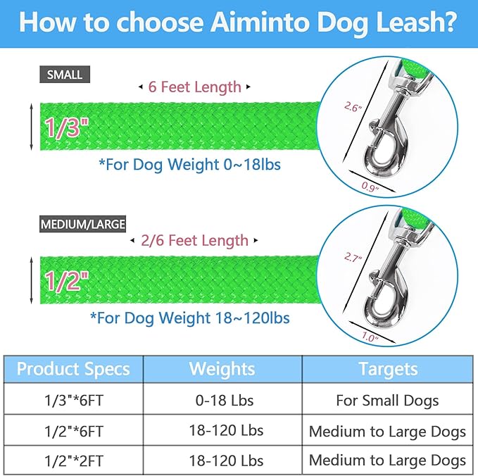 Dog Leash, Braided Rope Traction – Walking Training Lead for Medium/Large Dogs ((1/2") x 2FT, Light Green)