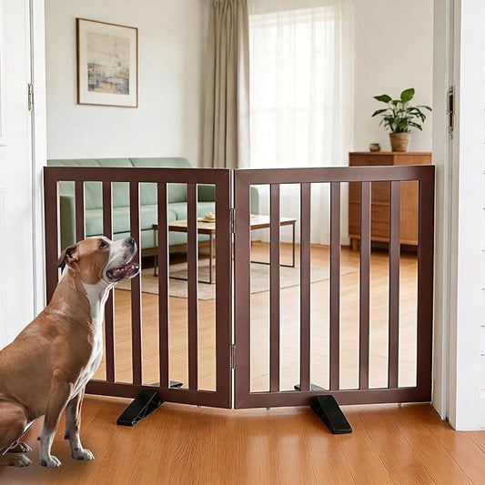 ZJSF Freestanding Indoor Dog Gate for House Foldable Wood Puppy Gate for Doorways Pet Gate for Stairs Extra Wide Pet Fence, Brown, 24" Height 2 Panels