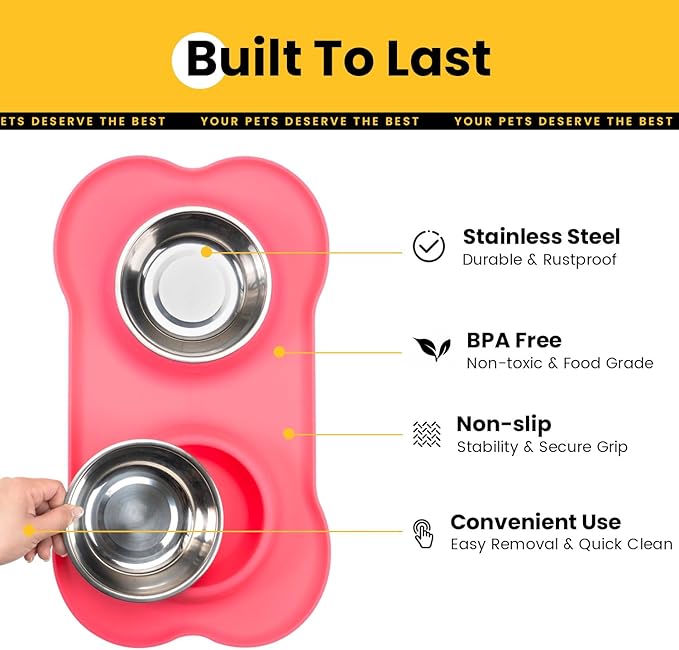 Medium Pet Feeding Station, 29oz Stainless Steel Dog Bowls Set, No Spill Food & Water Dishes with Non Slip Silicone Mat for Breeds Up to 55 Lbs, Pink