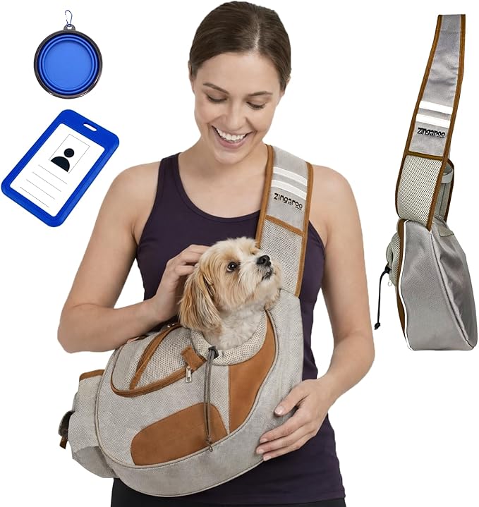 Hands-Free Sling Pet Carrier for Cats and Small Dogs up to 12lbs – Travel Set Includes Foldable Water Bowl & ID Card – Breathable Mesh, Safety Hook & Adjustable Padded Strap for Walking & Travel