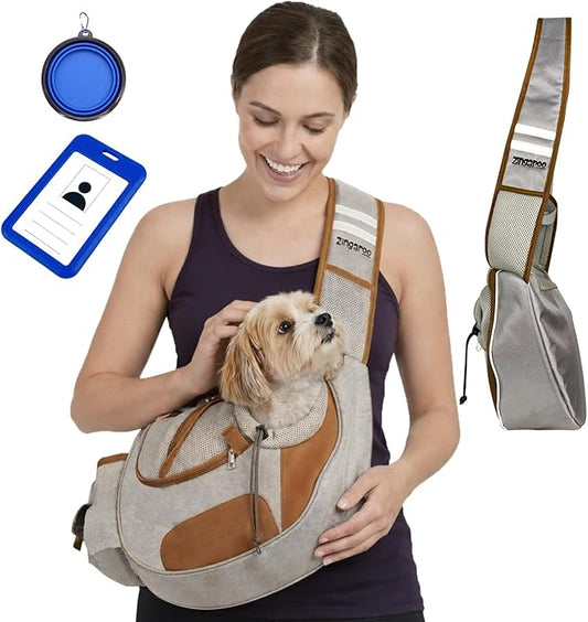 Hands-Free Sling Pet Carrier for Cats and Small Dogs up to 12lbs – Travel Set Includes Foldable Water Bowl & ID Card – Breathable Mesh, Safety Hook & Adjustable Padded Strap for Walking & Travel