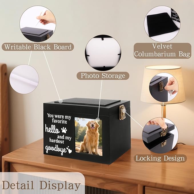 Memorial Pet Urn for Dog Ashes, Wooden Pet Keepsake Box with Photo Frame, Flannel Bag & Keychain, Sympathy Gift for Pet Loss (Medium 7.9x5.9x5.5in)