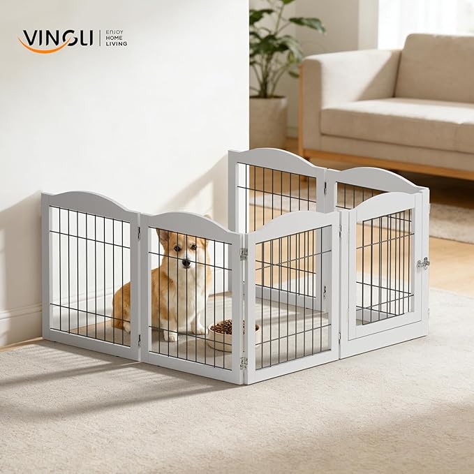 VINGLI Freestanding Dog Gate with Door, Pet Gate with Walk Through Door, Foldable Pet Safety Fence for Stairs Doorways Fireplace (24" H - 6 Panels)