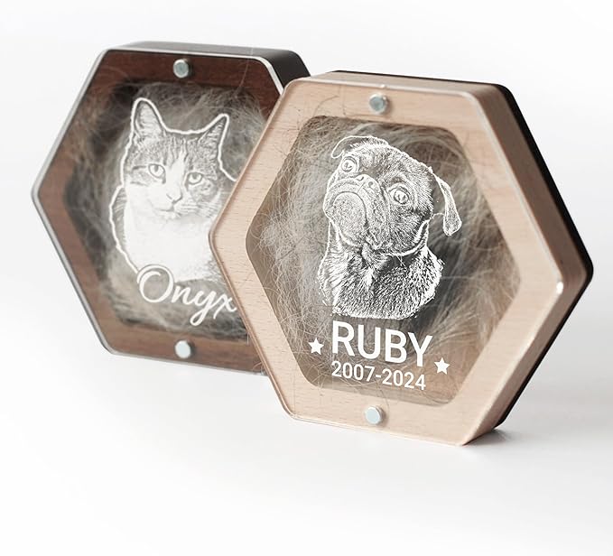 Personalized Pet Hair Keepsake Box for Dog and Cat Fur - Engraved Wood Memorial Box - Unique Customized Gift for Loss of Furry Friend Wooden (Light Diamand Clear Lid, With Photo)