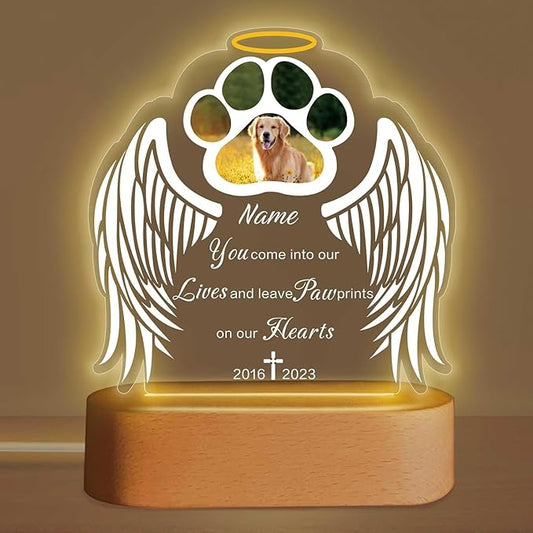Custom Pet Memorial Night Light Gift Personalized Dog Cat Acrylic Plaque Photo Frame Sympathy Gift Condolence Gifts with Picture Name Date(Dog Paw Wing), 5.9x5.9in/7.8x7.8in