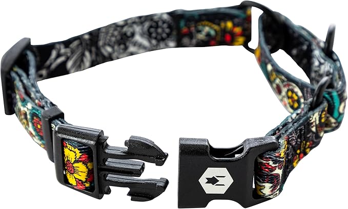 Wolfgang Heavy Duty Martingale Dog Collar with Quick Release Nylon Buckle for Walking & Training, LosMuertos Print, Medium