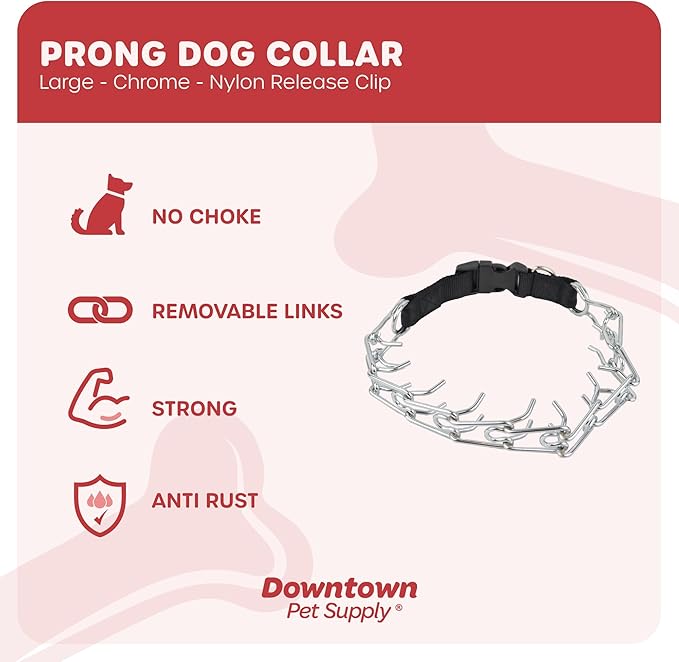 Downtown Pet Supply Chrome Plated/Nylon Prong Collar for Dogs, Large - Adjustable, No-Choke and No Pull Dog Collar with Removable Links - Pinch Collar for Dogs Over 50 lbs and 22" Neck Width