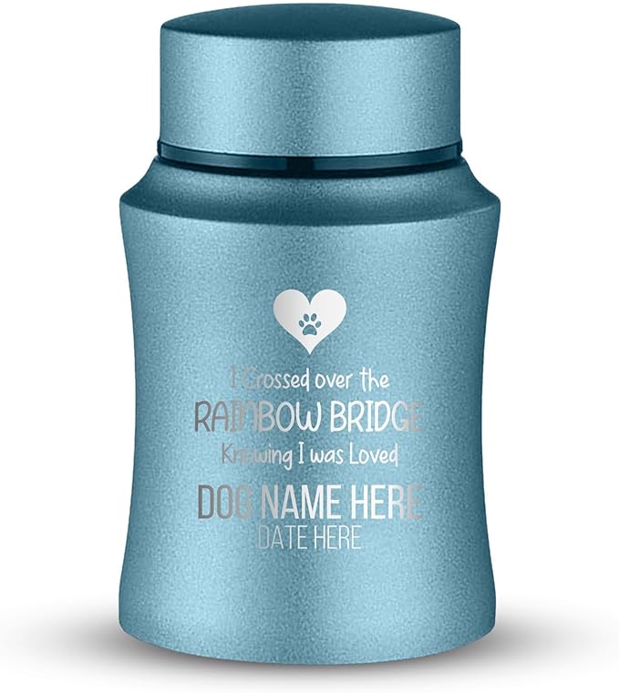 Customized Small Keepsake Urn Personalized Engraved with Pet Name, Date, and Dog Design - 4" Powder Coated Cremation Mini Compact Urn for Dogs Ashes | 5–10 Lbs Capacity | Powder Blue, Rainbow Bridge