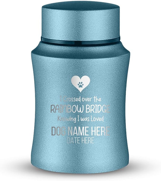 Customized Small Keepsake Urn Personalized Engraved with Pet Name, Date, and Dog Design - 4" Powder Coated Cremation Mini Compact Urn for Dogs Ashes | 5–10 Lbs Capacity | Powder Blue, Rainbow Bridge
