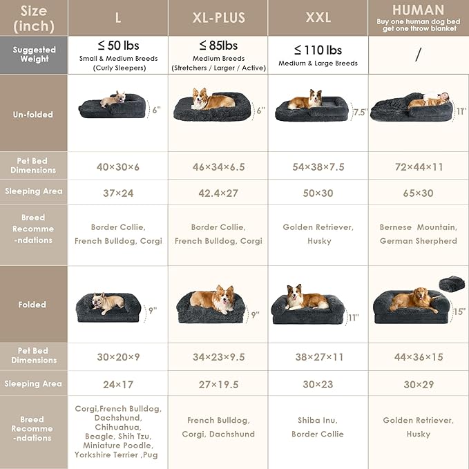 EHEYCIGA Foldable XL Dog Bed, 46"x34"x6.5" Faux Fur Fluffy Pet Couch Bed for Large Dogs, Orthopedic Calming Memory Foam Big Pet Bed, Washable Soft Pet Sofa Bed with Non-Slip Bottom, Dark Grey