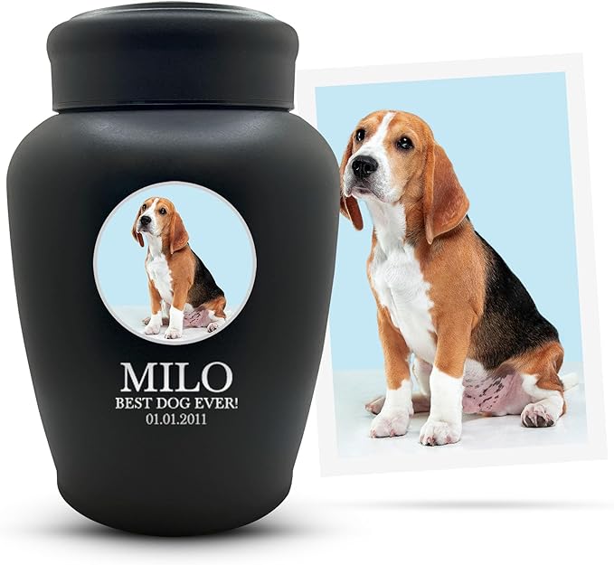 Personalized Custom Photo Dog Urn Engraved Dog Name and Date Stainless Steel Cremation Urns for Dogs Ashes with Pet Photo | Pets Up to 150 Lbs | Large 8.2" x 6.5" | Black