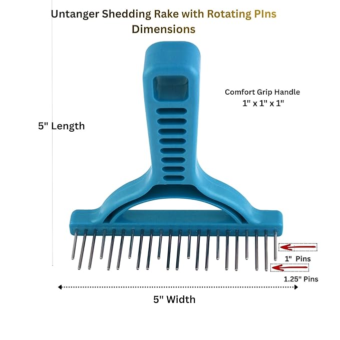 The Untangler Rakes for Grooming and Shedding -silky smooth rotating teeth to easily collect loose hair (Blue, Shedding)