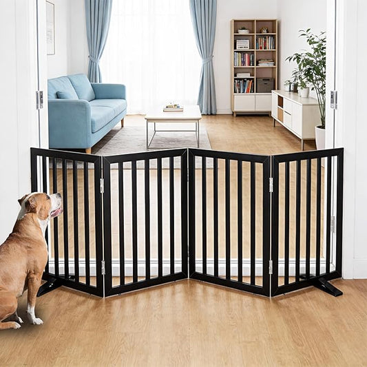 Dog Gate Indoor, Freestanding Dog Fence for The House, Doorways, Hallways,or Stairs,Pet Gate Foldable Wooden,Expandable 24" Height 4 Panels,Black
