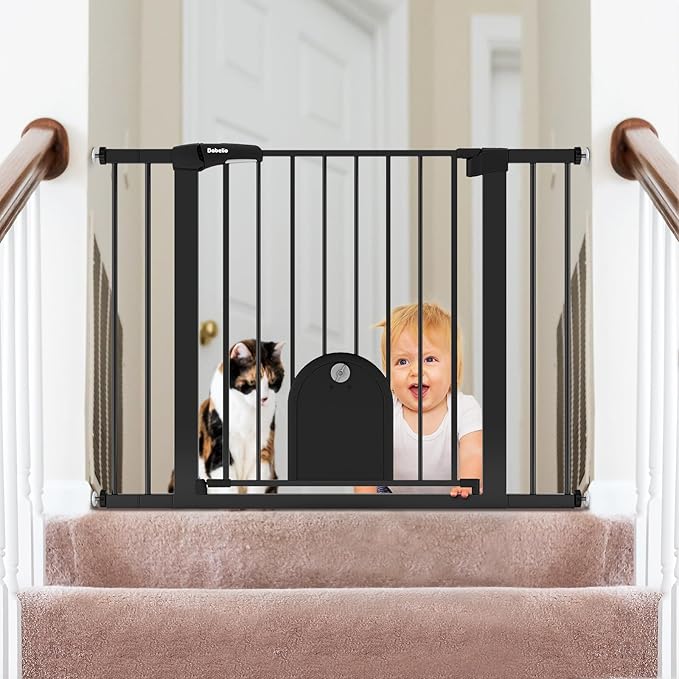 BABELIO 30-43" Baby Gate with Cat Door, Adjustable Metal Pet Door, Auto Close Dog Gate Indoor, No Drilling Pressure Mounted Easy Walk Thru for Doorway and Stairs, Black
