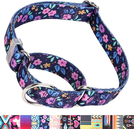 Martingale Dog Collars for Small Dogs, No-Slip Escape Proof Choke No Pull Cinch Soft Nylon Dog Training Collars Adjustable for Small Medium Large Breed Pet Dogs, Purple Floral S
