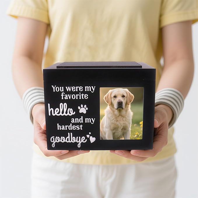 Memorial Pet Urn for Dog Ashes, Wooden Pet Keepsake Box with Photo Frame, Flannel Bag & Keychain, Sympathy Gift for Pet Loss (Medium 7.9x5.9x5.5in)
