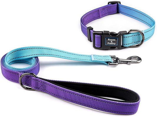 Roses&Poetry Reflective Dog Collar and Leash for Small Dogs, Puppy Collars with Leashes Set Gradient Violet, Adjustable Durable Pets for Extra Puppies（Violet-XS