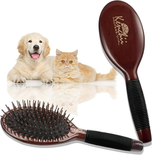 Kenchii Pet Grooming Wooden Pin Brush for Dogs And Cats - Solid Wood, Non Slip Grip Detangling and Shedding Brush for Long or Short Haired Pets - Grooming Brush for Dogs and Cats (Large)