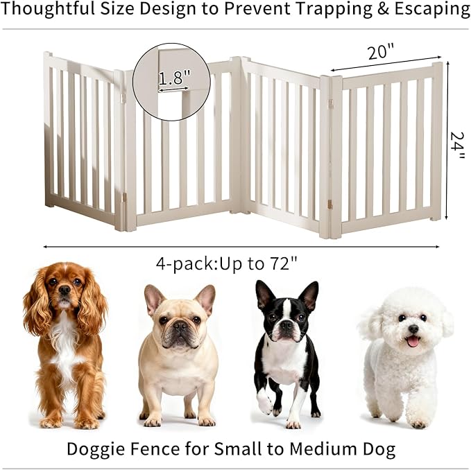 6-Panel Solid Wood Dog Gate - Freestanding Folding Pet Gate for Doorways, Stairs, Indoor, 24" Height, No Installation Needed, White