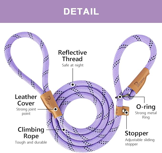 5 FT Slip Lead Dog Leash, Heavy Duty Rope Leash for Small Medium Large Dogs, No Pull Training Lead with Reflective Thread, Strong Comfortable Loop Leash (Lavender Stripe, Medium(3/8"))