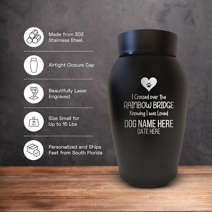 Personalized Custom Small Keepsake Urn Engraved with Pet Name, Date, and Dog Design - 5.2" Black Powder Coated Steel Cremation Urn for Dogs Ashes | 12-16 lb Capacity, Rainbow Bridge