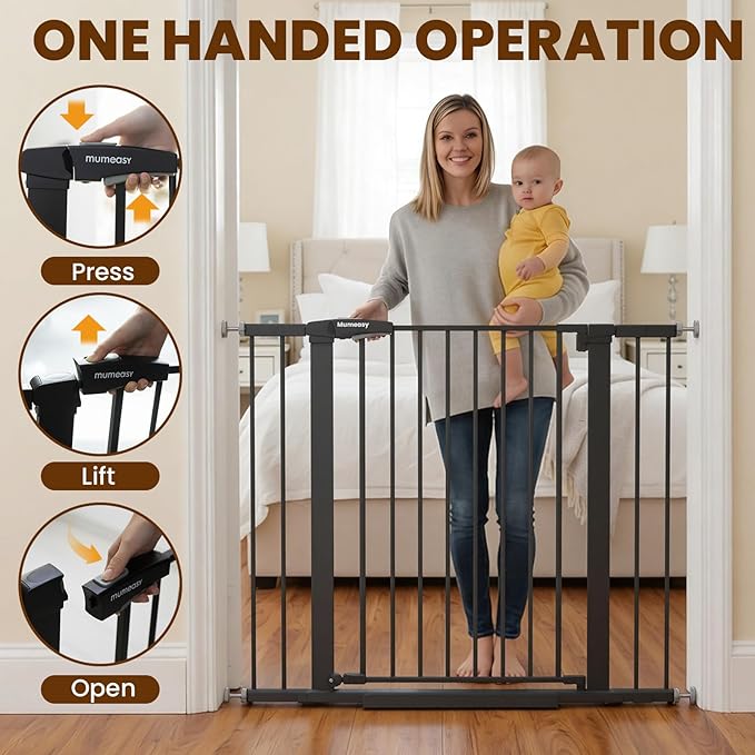 Baby Gate with Door, 26-40" Auto Close Dog Gate Indoor for Stairs Doorways, Easy Install Pressure Mounted Pet Gate, Easy Walk Through Child Safety Gate for The House, Black