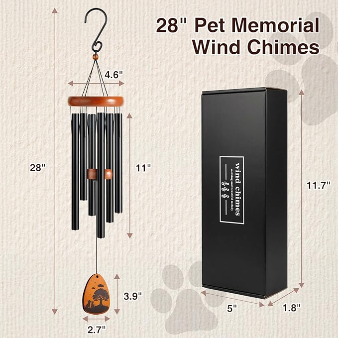 Dog Memorial Gift for Loss of Dog, 28" Wind Chimes Gifts for Pet Lover, Dual-Sided Pet Passing Away Decor with Remembrance Bereavement Gift Box Home Outdoor Garden Patio Use, Black