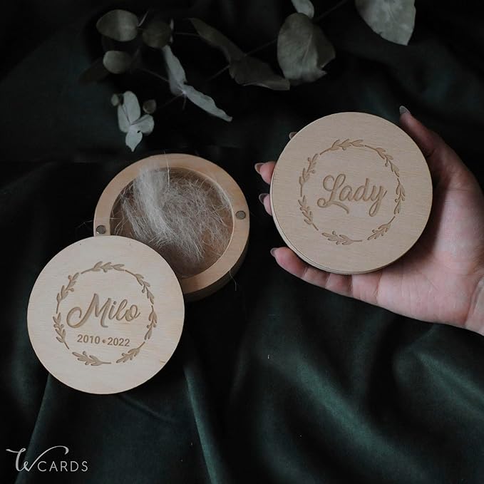 Personalized Pet Hair Keepsake Box for Dog and Cat Fur - Engraved Wood Memorial Box - Unique Customized Gift for Loss of Furry Friend Wooden (Light Round Wood/Acrylic Lid)