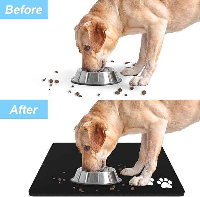 Rnivvi Dog Food Mat, 16" x 24" Footprint Absorbent Dog Cat Bowl Mat for Food and Water, Cute Anti-Slip Rubber Pet Feeding Rug Protect Floors, Puppy Placemat for Feeding & Watering Supplies, Black