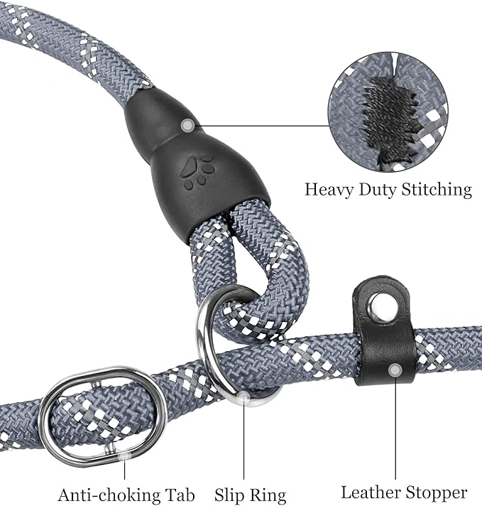 TagME Slip Leads for Dogs that Pull, 6 FT No-Pull Training Leash with Lock, Escape-Proof Design, Reflective & Padded Handle for Medium Dogs, Gray