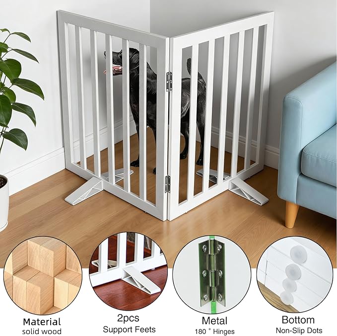 Dog Gate Indoor, Freestanding Dog Fence for The House, Doorways, Hallways,or Stairs,Pet Gate Foldable Wooden,Expandable 32" Height 2 Panels,White