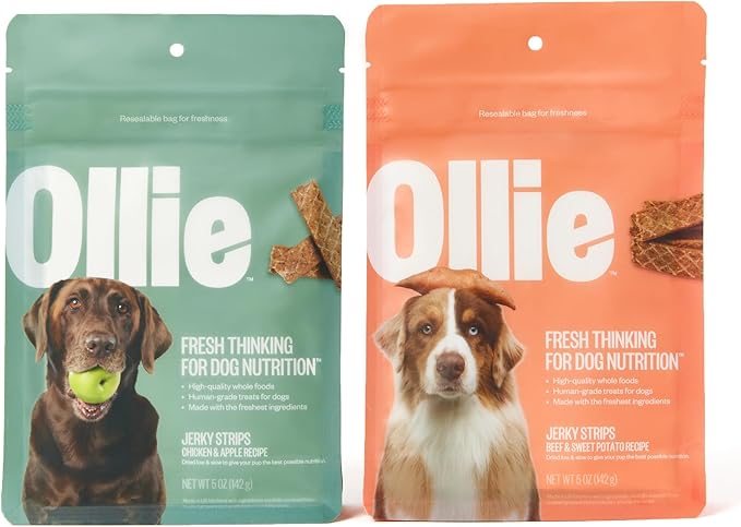 Ollie Jerky Dog Treats Variety Pack, Chicken and Apple and Beef and Sweet Potato Bundle, All Natural, Healthy, Made with Real Meat 5 Oz. Pack of 2