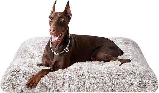 EHEYCIGA Fluffy XXL Dog Crate Pad, Plush Faux Fur Bed for Extra Large Dogs, Calming Anti Anxiety XXL Dog Bed, Washable Soft Warm Mat with Non-Slip Bottom, Brown