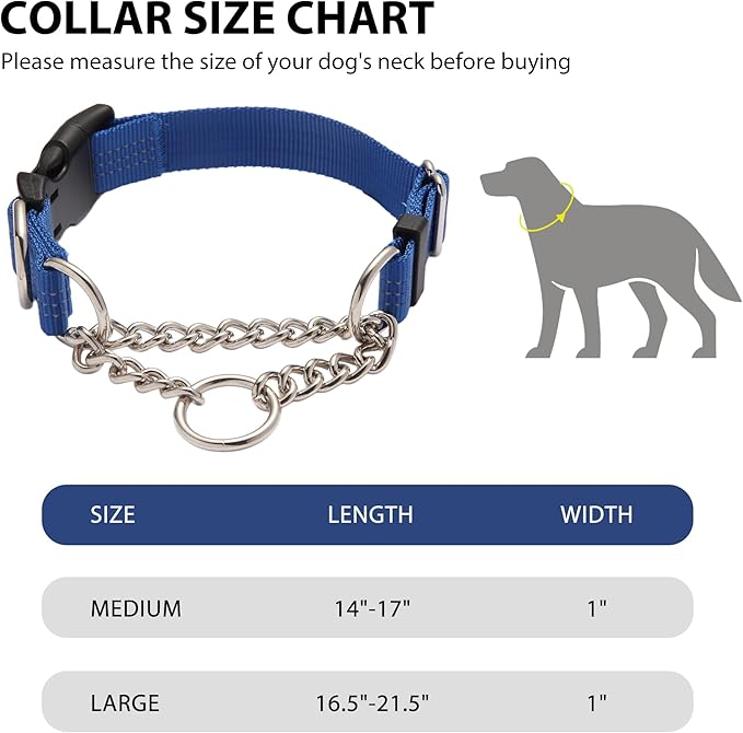 Martingale Dog Collar with Quick Release Buckle Steel Chain No Pull Training Reflective Collar for Medium Large Dogs(Blue, Medium)